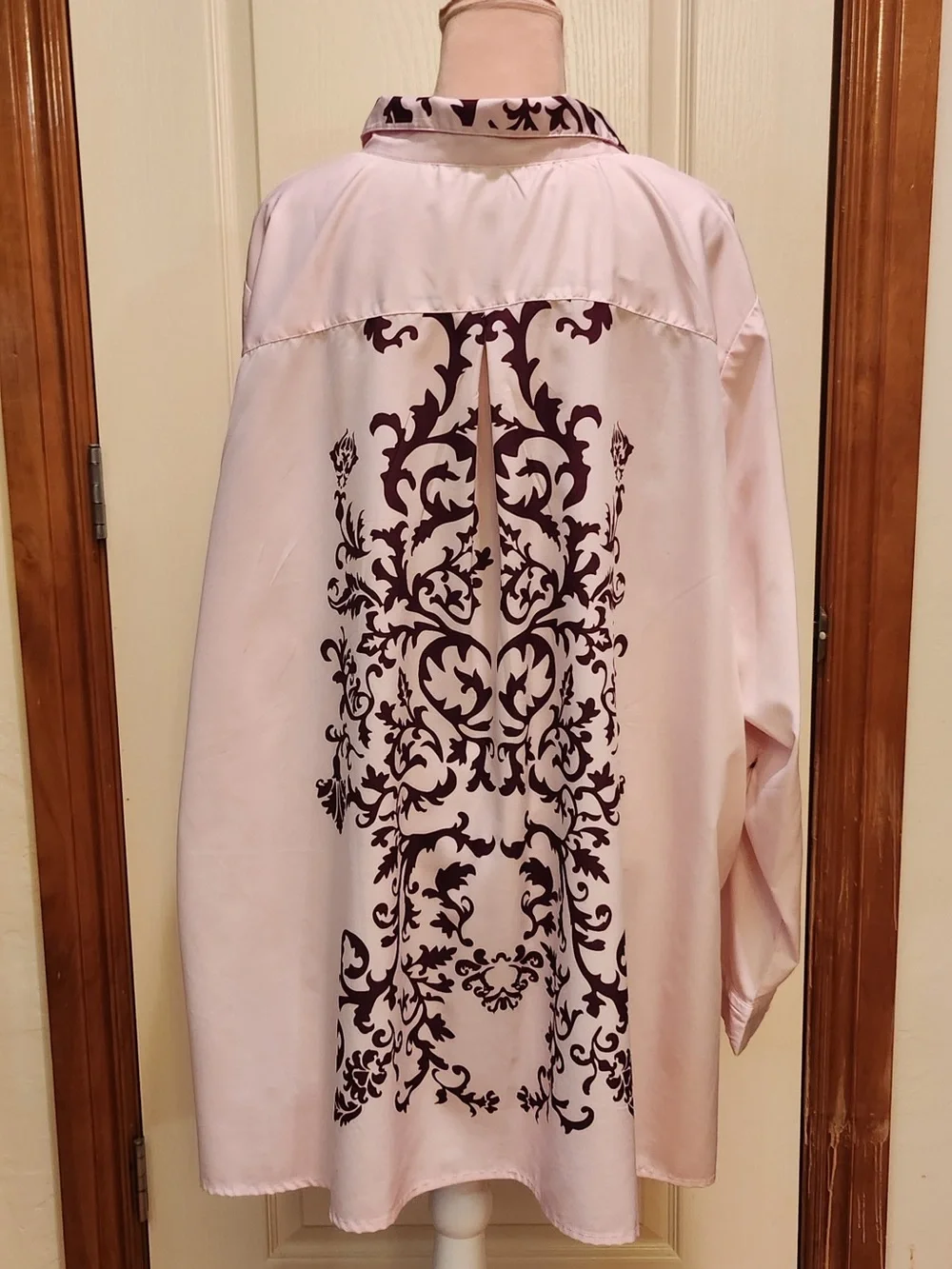 Roamans Light Pink Button-Down Blouse with Burgundy Baroque Print 30W